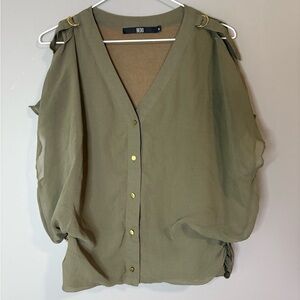 BEDO olive green chiffon cold-shoulder blouse with gold-tone buttons. Size small
